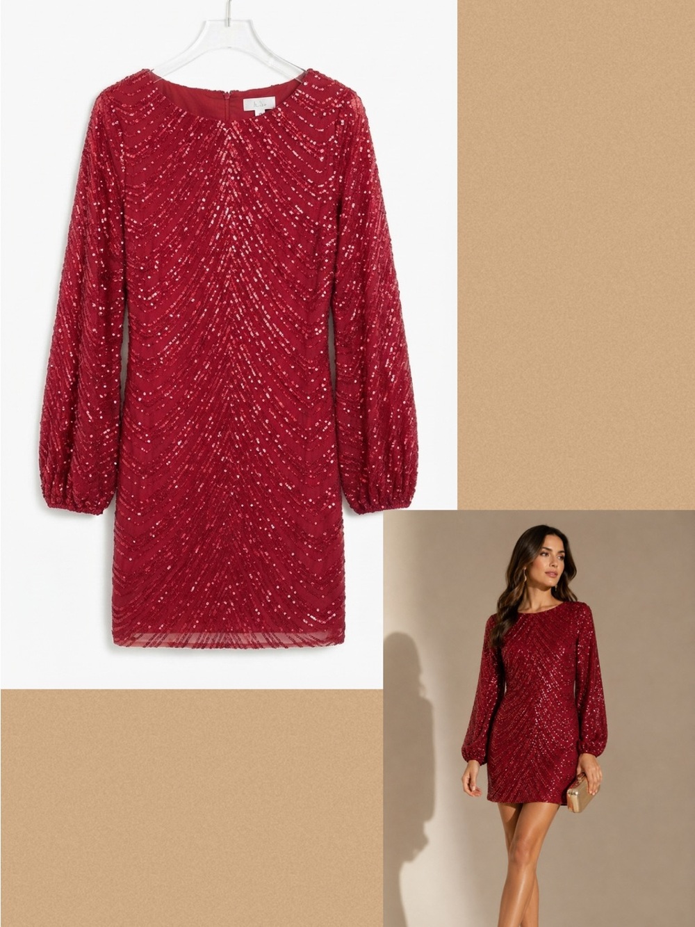 Red Sequin Long Sleeve Shift Dress Sz 14